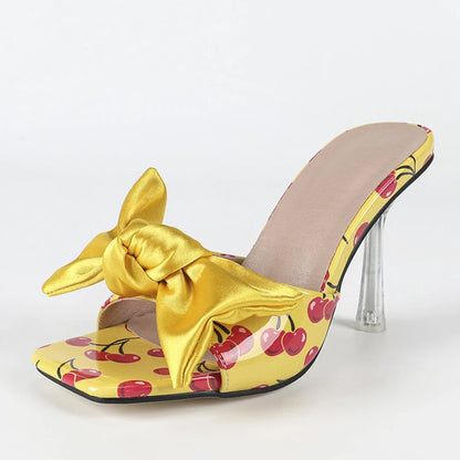 🍒Transparent heeled slippers For Woman colourful silk bowknot design heels party wear sandal shoes occasion footwear fashion cherry pattern mules slides Present A Bow To You