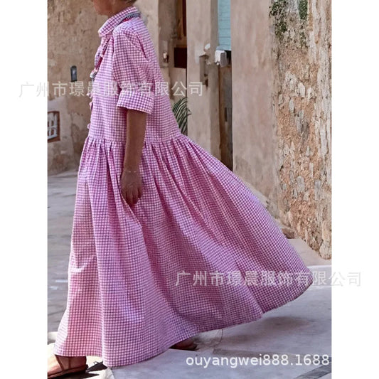 🍒Women's check maxi dress high street clothing fashion and long loose shirt dress long sleeve with lapel pendulum outfit spring and summer fashion for holidays Check This Check