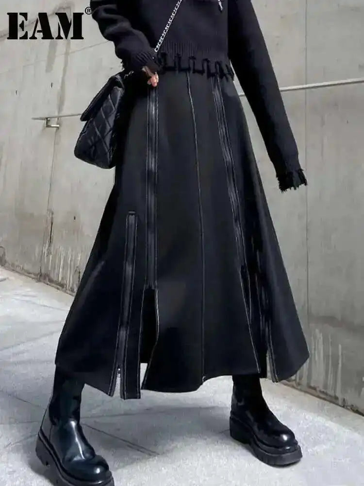 🍒High waist a-line skirt with stretch Waist band black zipper Slit Irregular fashion smart casual women party occasion wear Dont SKIRT around it Zip to this A-sap