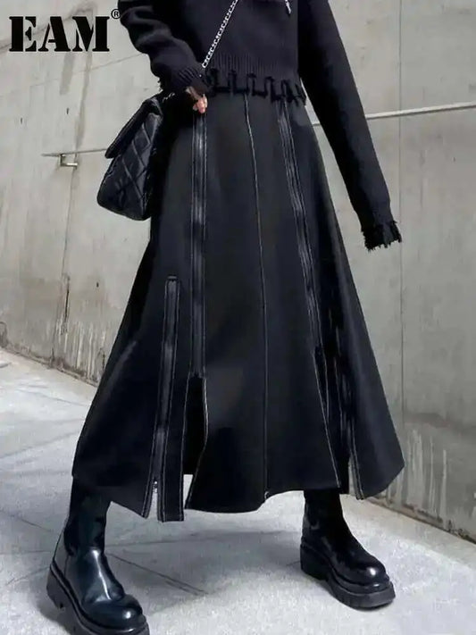 🍒High waist a-line skirt with stretch Waist band black zipper Slit Irregular fashion smart casual women party occasion wear Dont SKIRT around it Zip to this A-sap