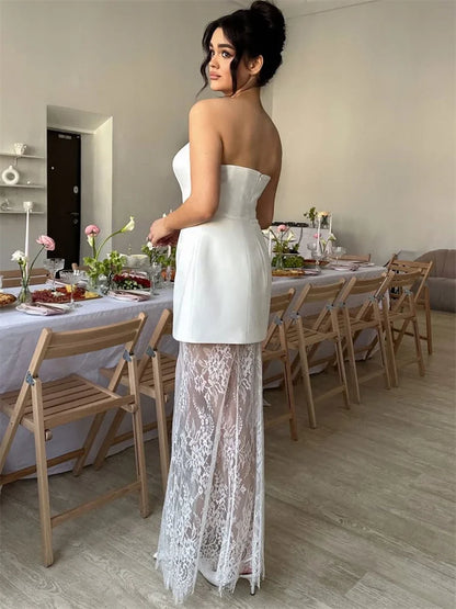 🍒Lace two piece set tossy fashion occasion wear party clothinglong lace skirt for women fitted waist top tube and maxi skirt sets summer female utfits Dress Up Lace