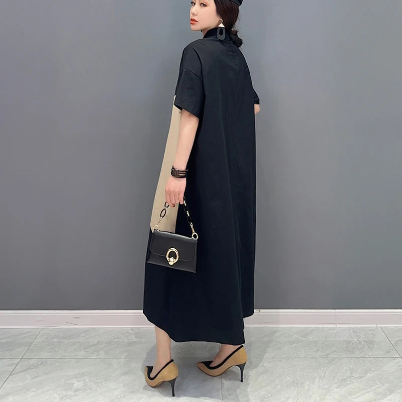 🍒Black patchwork dress loose fit smart casual woman summer shirt style outfit trendy large womens fashion