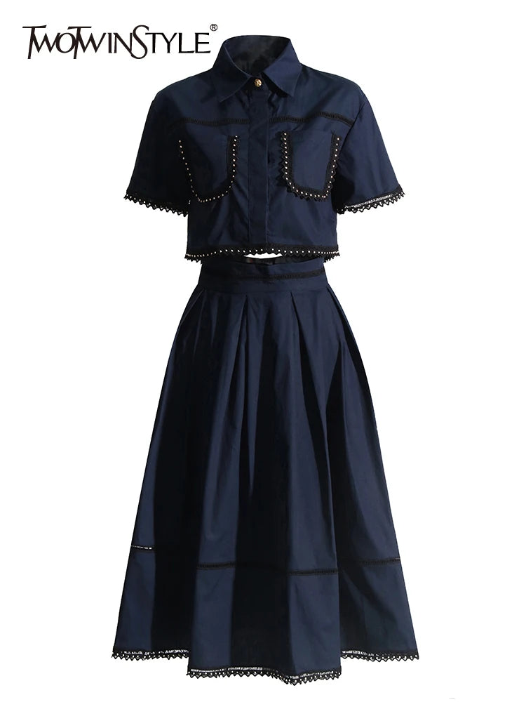 🍒Summer two piece sets women lapel short sleeve tops crop high waist a- line skirt slim set female fashion Cotton On To This Thread