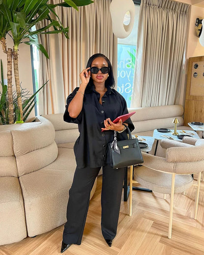 🍒Black two piece set outfit summer women half sleeve button down shirt and wide leg pants suit summer office wear party occasion wear AND drink RUM in this BLACK