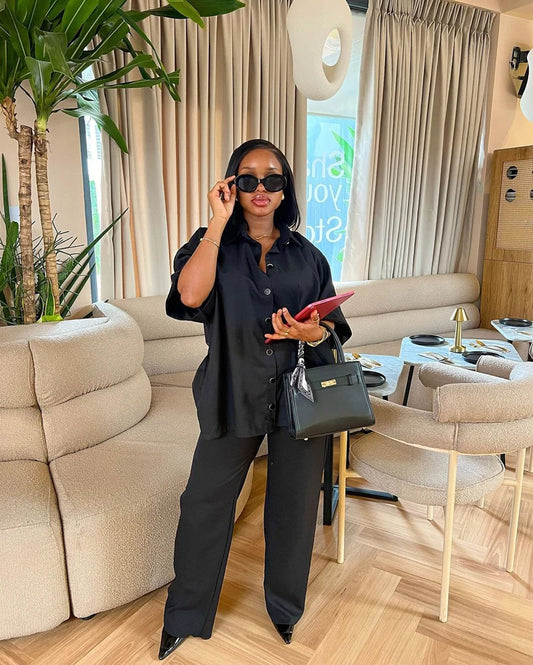 🍒Black two piece set outfit summer women half sleeve button down shirt and wide leg pants suit summer office wear party occasion wear AND drink RUM in this BLACK