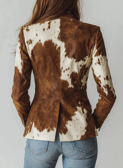 🍒Casual Jacket for women  fashion brown animal print long sleeve jacket lapel styles and stand up collar slim blazer suits smart casual Cute Cow