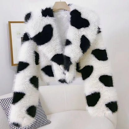 🍒Fur coats for women large  collar jacket with love hearts eco-friendly furry coats chic trendy winter outerwear style versatile Fluffy Lovely