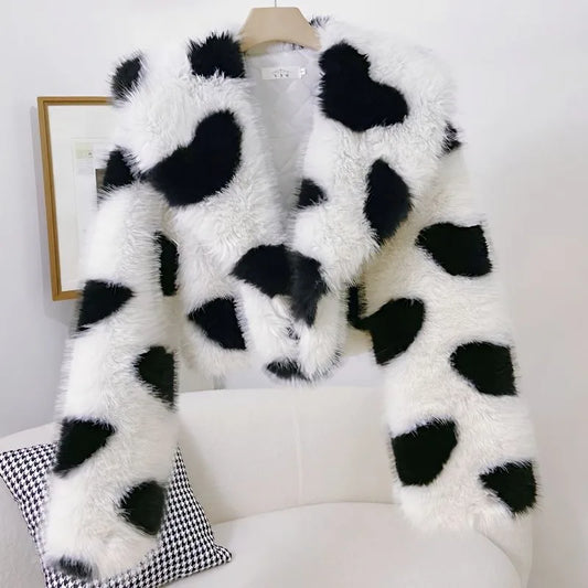 🍒Fur coats for women large  collar jacket with love hearts eco-friendly furry coats chic trendy winter outerwear style versatile Fluffy Lovely