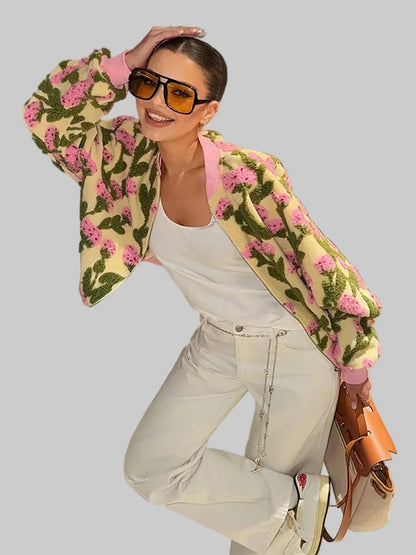 🍒Floral fleece bomber jacket women smart casual elegant stand collar bomber embroidery long sleeve zip up short coat spring outerwear 3D clothing  Fab Fleece Flowery Fashion Fun