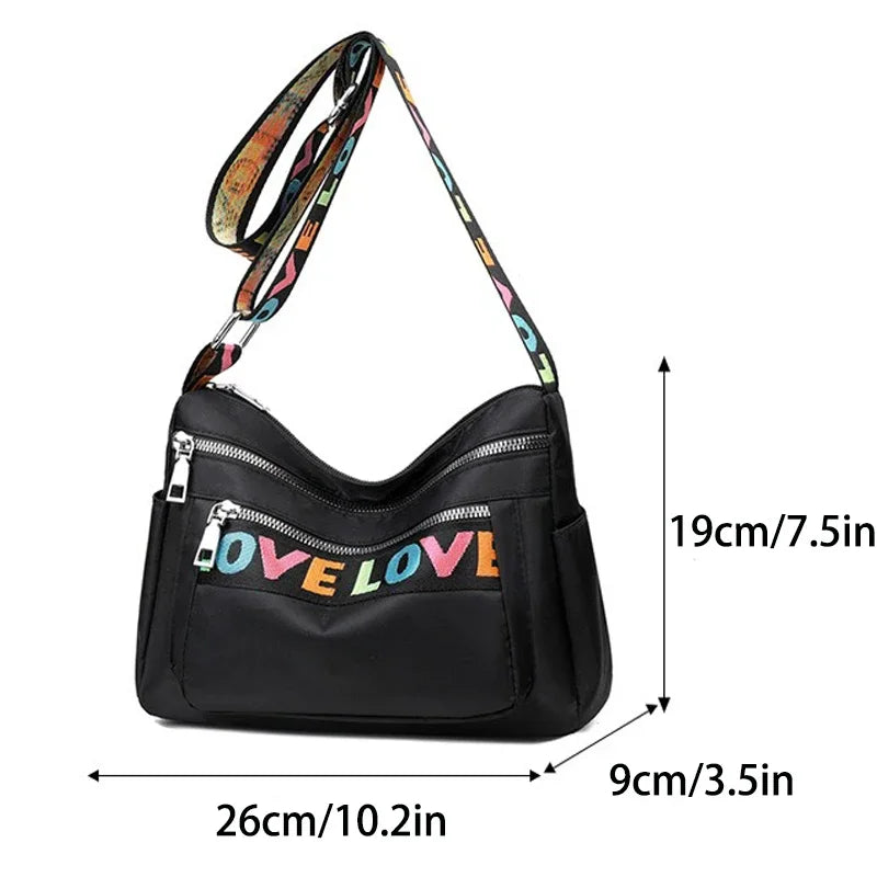 🍒Womens handbag oxford fabric bag large capacity crossbody with multiple compartments fashion accessory casual carry bag with colourful font Get A Handle On Love