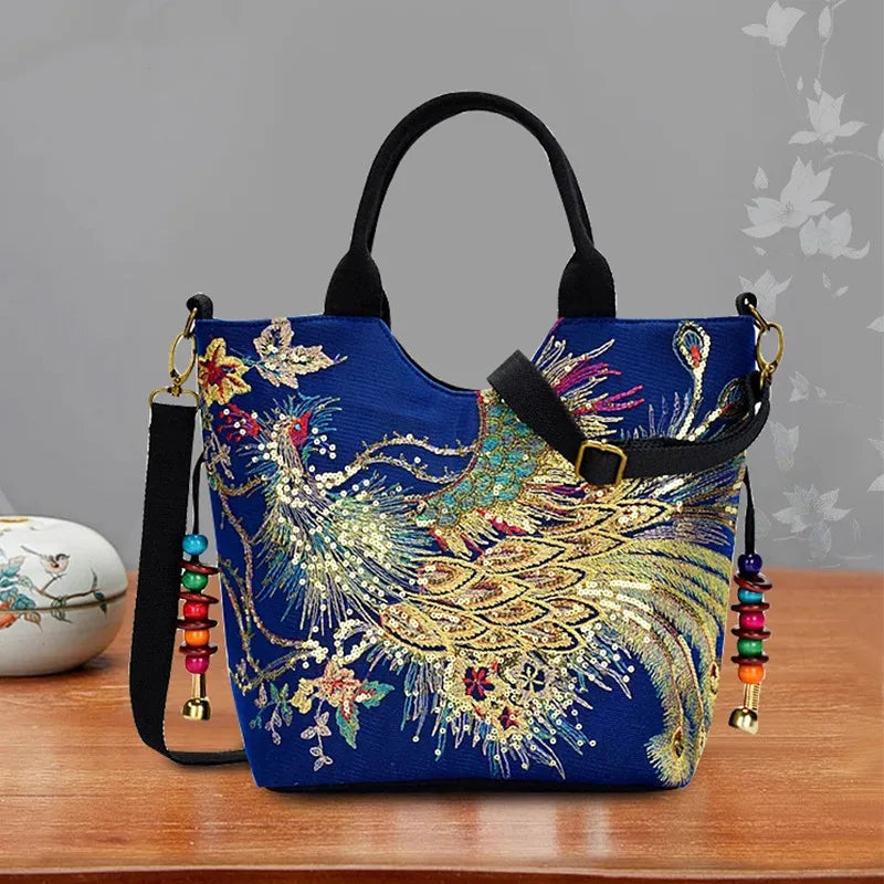 🍒Sequins tote bag ethnic style peacock embroidery handbags ladies vintage canvas crossbody bag grab bag smart casual accesssories Display Your Style With A peacock