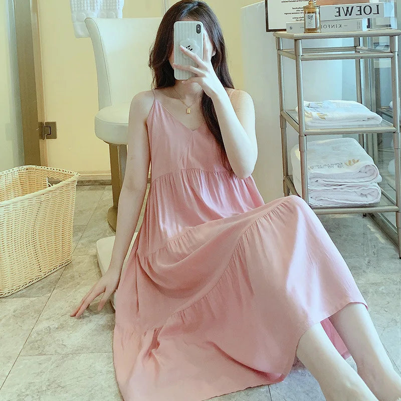 🍒Sleeveless night dress for Women breathable viscose cotton camisole nightie floral  night dress loungewear summer wear holidaywear nightwear Fresh Florals