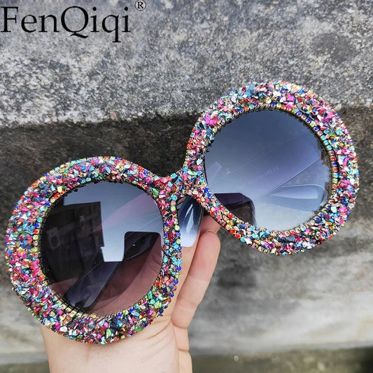 🍒Oversized round diamond sunglasses for women crystal sunnies rhinestone smart eyewear bling glasses eye glasses shades with uv400 protection Glamy Goggles