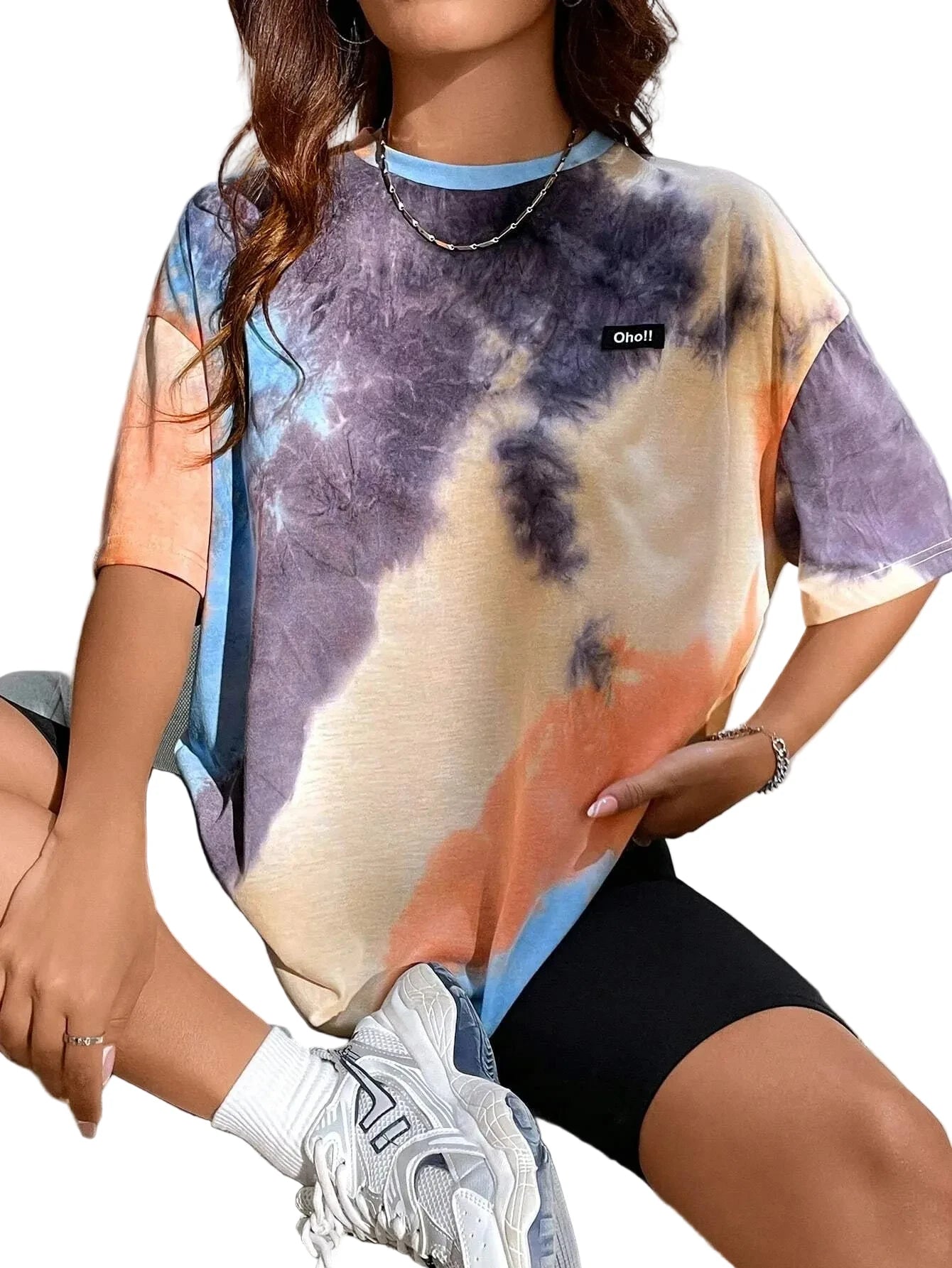 🍒Summer women t-shirt tie dye letter motif droop shoulder top oversize short sleeve tee Harajuku Y2k Casual Streetwear Women Clothing Tie This Tye Die Tidy In Your Top Tops