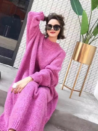 🍒 Round neck sweater dress winter woollen dresses plus size maxi outfit thick and loose oversize fashion clothing casual wear women No Sweat Sweater Dress