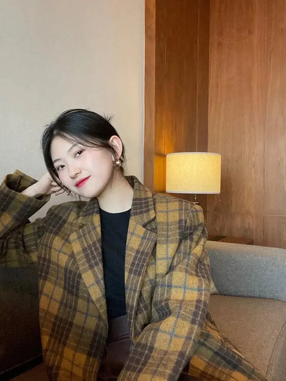 🍒Womens brown blazer vintage wool plaid Jacket autumn winter british style trendy eye catching yellow check coat long sleeve female smart casual clothing Chunky Check Charm