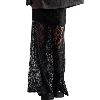 🍒Lace long skirt black elegant low waist solid colour see-through  fashion maxi smart casual clothing                        Transfomation Transparents