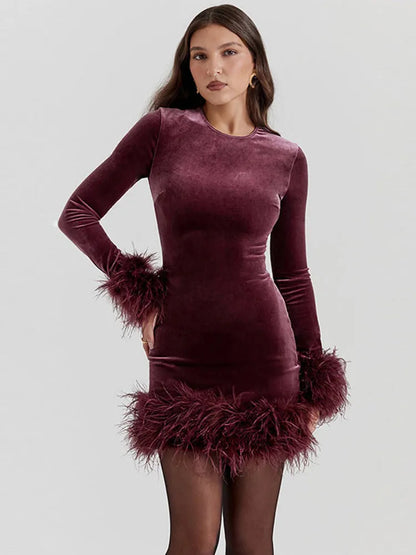 🍒Velvet dress with fur trim long sleeved slim fit party outfit short for women's fashion long sleeve occasion wear Delicious Red Velvet