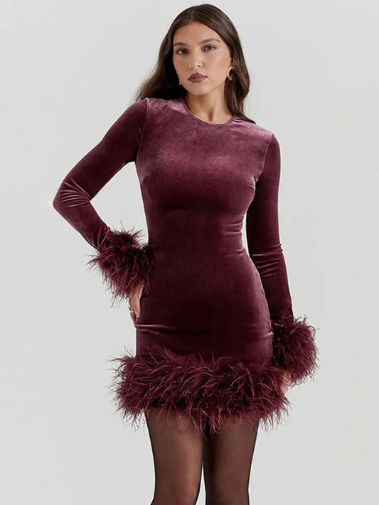 🍒Velvet dress with fur trim long sleeved slim fit party outfit short for women's fashion long sleeve occasion wear Delicious Red Velvet