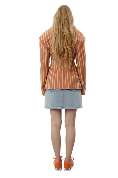 🍒Striped print blazer women's full Sleeve jacket with notched lapel collar double breasted spring coat fashion wear office clothing   Look Chocolate In Orange