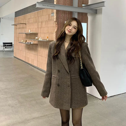 🍒Vintage brown blazer women autumn winter thick warm loose street wear jacket coats Y2K fashion chic double breasted Outerwear  You'll Wear This Out
