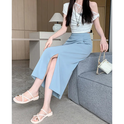 🍒Skirts for women solid high waist skirt outfit one piece fashion streetwear split bodycon  Y2k occasion midaxi fashion party wear Gather Style In A Split Second