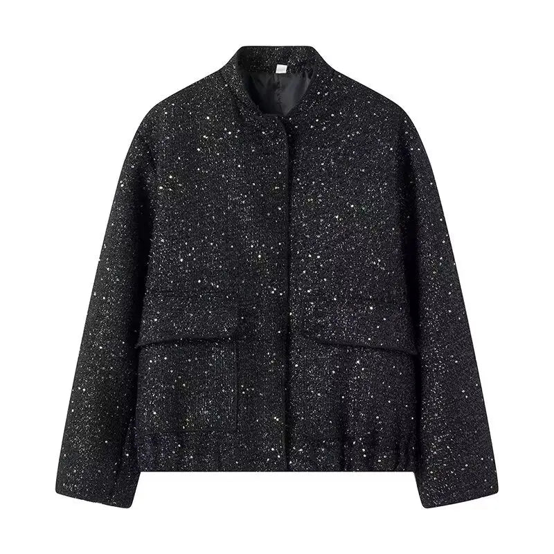 🍒Sequin bomber Jacket women Y2k gold Colour stand collar short coat long sleeve  spring fashion high Streetwear occasion wear smart casual clothing for women  Spring Into Shimmer