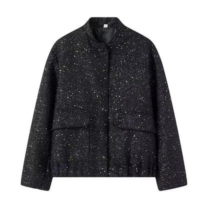 🍒Sequin bomber Jacket women Y2k gold Colour stand collar short coat long sleeve  spring fashion high Streetwear occasion wear smart casual clothing for women  Spring Into Shimmer