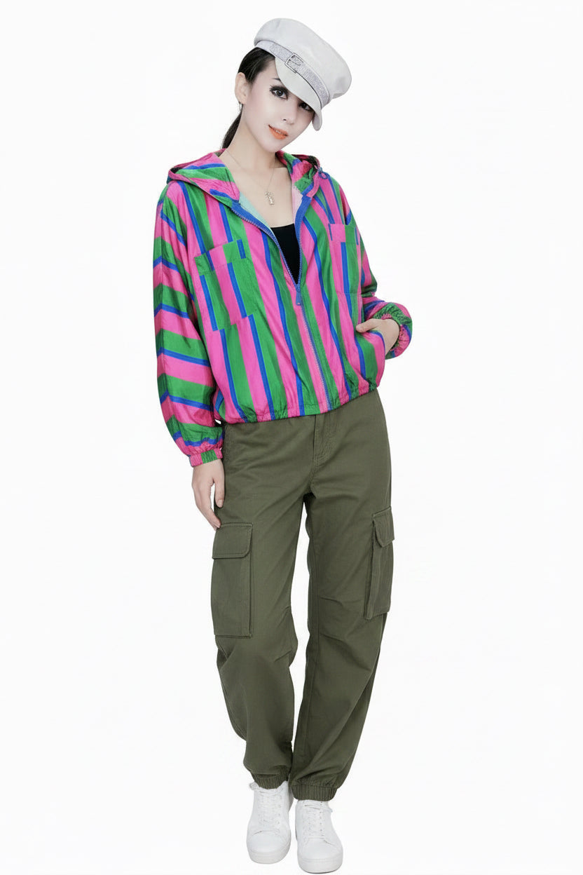 🍒Hooded windbreaker Jacket women streetwear long sleeves spring top quick drying Y2k striped clothing fashion casual bomber women    Swipe Right To This Right Stripe