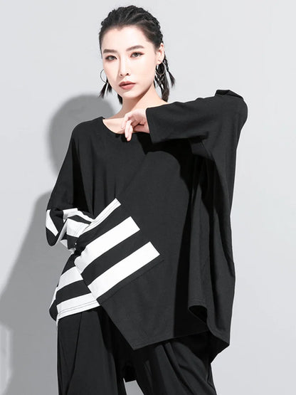 🍒Black and white striped t-shirts Womens baggy black tee with design Irregular big size casual top round neck long Sleeve Fashion wear for spring autumn Get Black To Stripes