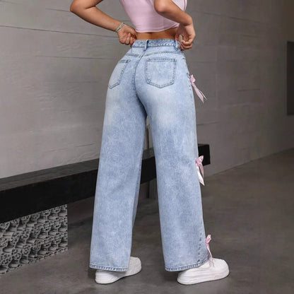🍒Womens wide leg jeans pants pink bows washed high waist denims distressed vintage Straight Ankle Length Trousers casual jeans wear You Will Be Blue If You Miss these sweet Denim Pinks