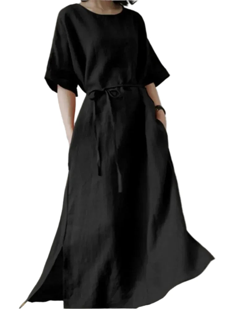 🍒Long dresses a-line fashion split hem wide short sleeve outfit casual outfit for women with waistband batwing sleeve clothes Simply Style