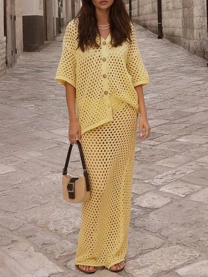 🍒Mesh two piece set women's summer clothing casual mesh knit blouse and matching long skirt   fashionable fishnet beach wear matching sets Look Delicious in Banana And Chocolate