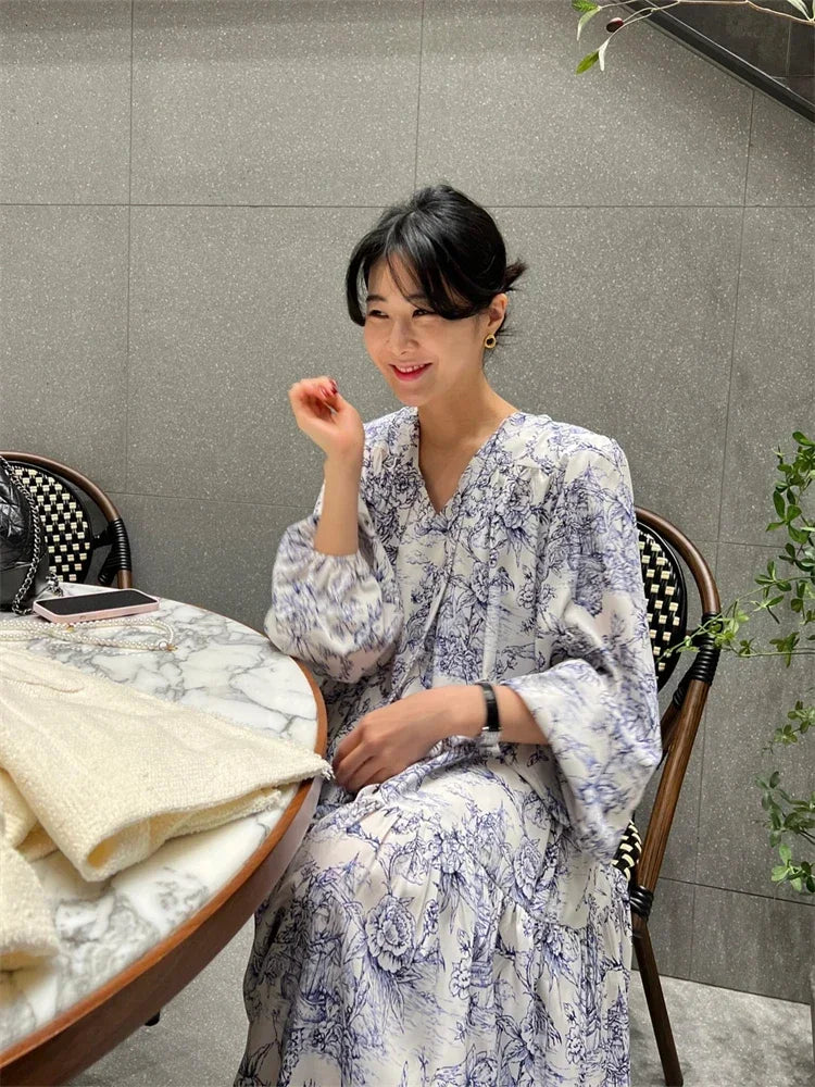 🍒Winter sundress long sleeve puff maxi outfit vintage dress smart casual daywear partywear office clothes Ink This One In