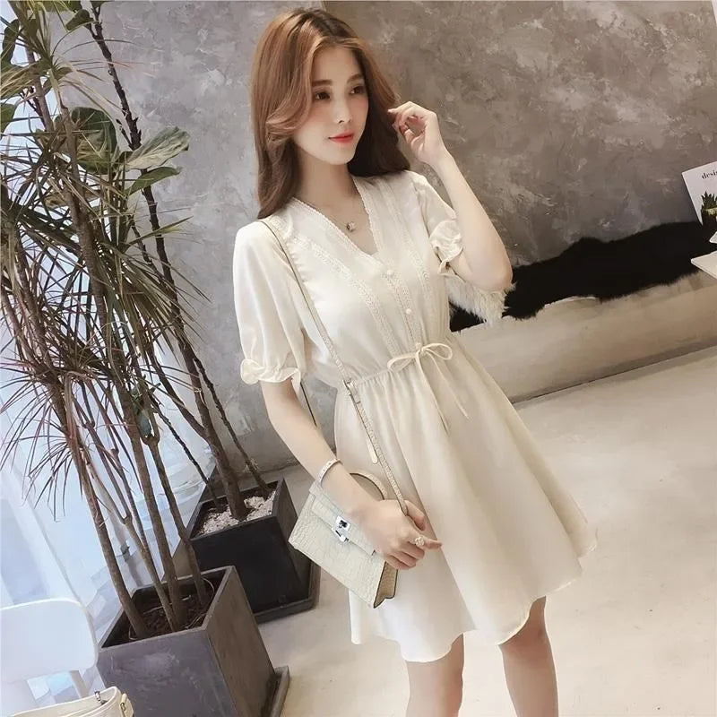 🍒Chiffon satin dress mini women soft silky outfits ruffle smart casual clothing for summer occasion party wear Dainty Dollar Dollar Doll