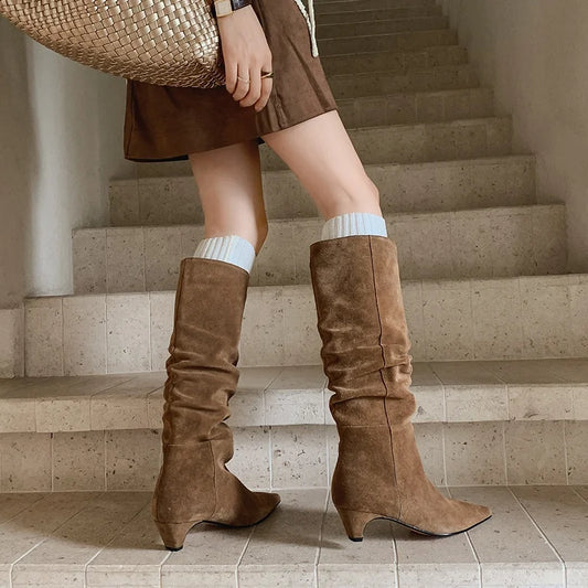 🍒Autumn winter womens footwear cow suede leather heeled boots pointed toe high heel slip-on knee high western footwear No Per-SUEDEing Neccessary