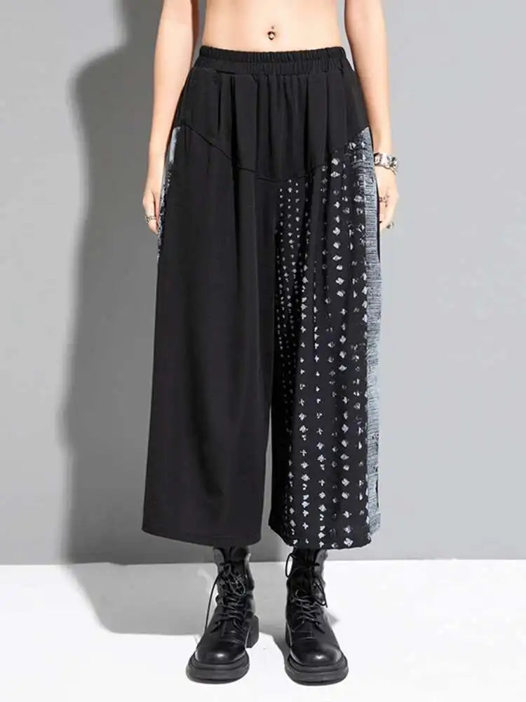 🍒High waist elastic black pattern printed wide leg pants loose fit trousers for smart or casual wear women street wear fashion party bottoms No Bottleing Out With These Bottoms Just Bottoms Up!