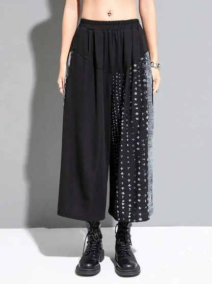 🍒High waist elastic black pattern printed wide leg pants loose fit trousers for smart or casual wear women street wear fashion party bottoms No Bottleing Out With These Bottoms Just Bottoms Up!