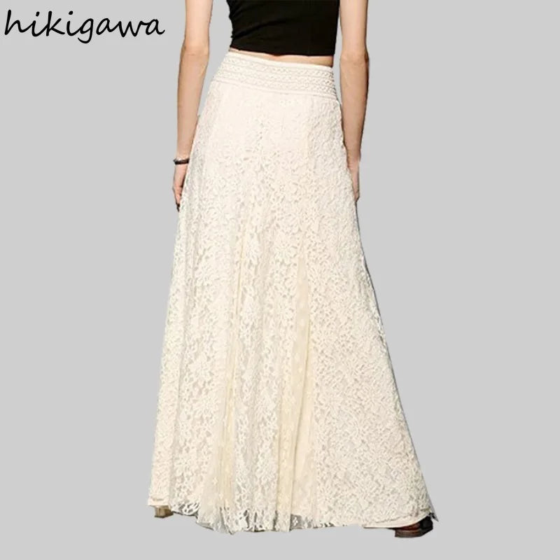 🍒Lace crochet skirts women clothes high waist solid colour skirt hollow out a-line long Skirt smart casual clothes maxi fashion skirt Maxi-mum Impact No Effort