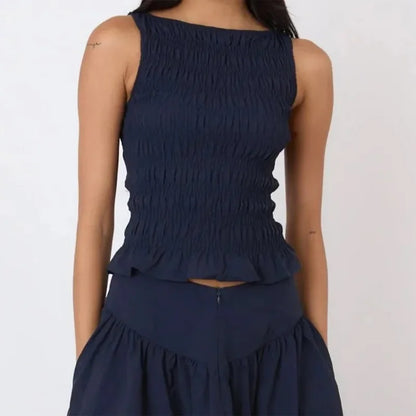 🍒Women Y2K smocked shirred tank top sleeveless crew neck frill ruffle crop top ruched pelpum going out tops party clubwear