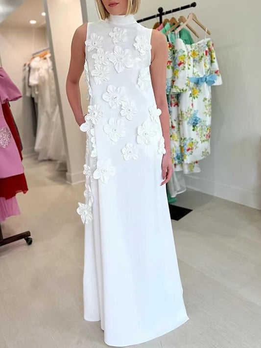 🍒Female evening dress 3D flower dress women sleeveless stand collar outfit maxi a-line occasion wear party wear fashion Always Have A-line Of Appliques In Your Armoire