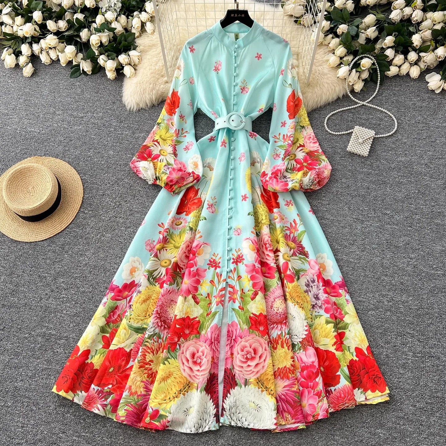 🍒Floral print maxi dress puff sleeve pattern womens stand collar outfit with flowers belt single breasted shirt dress gorgeous prom party wear  occasion fashion wedding guest clothes Get Pink Lemonade At A Garden Party