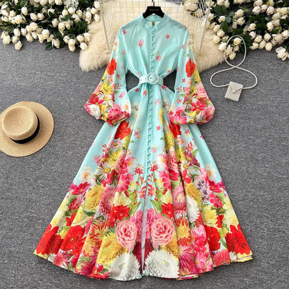 🍒Floral print maxi dress puff sleeve pattern womens stand collar outfit with flowers belt single breasted shirt dress gorgeous prom party wear  occasion fashion wedding guest clothes Get Pink Lemonade At A Garden Party