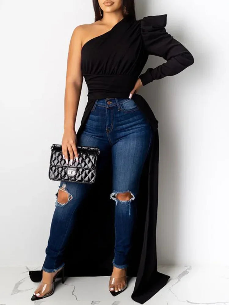 🍒One shoulder dip hem tops womens long sleeve one shoulder blouse design asymmetrical casual blouses leopard print fashion smart casual clothing Shake Your Tail Feathers