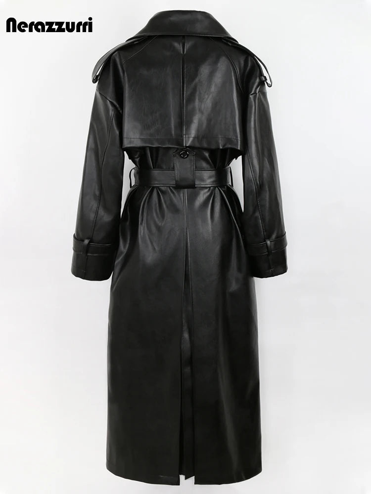 🍒 Long oversized black trench coat faux leather outerwear for women double breasted overcoat belt loose smart casual outdoor wear