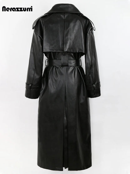 🍒 Long oversized black trench coat faux leather outerwear for women double breasted overcoat belt loose smart casual outdoor wear