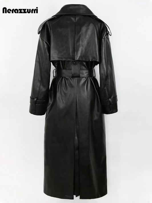 🍒 Long oversized black trench coat faux leather outerwear for women double breasted overcoat belt loose smart casual outdoor wear