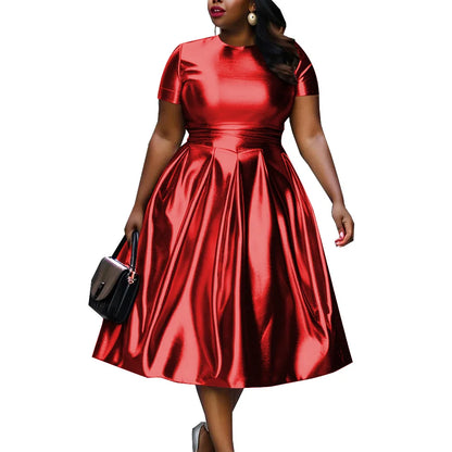 🍒A-line shiny dress metallic short sleeve midi for women plus size outfit fit and flare elastic dress smart casual clothing Summer Stunner