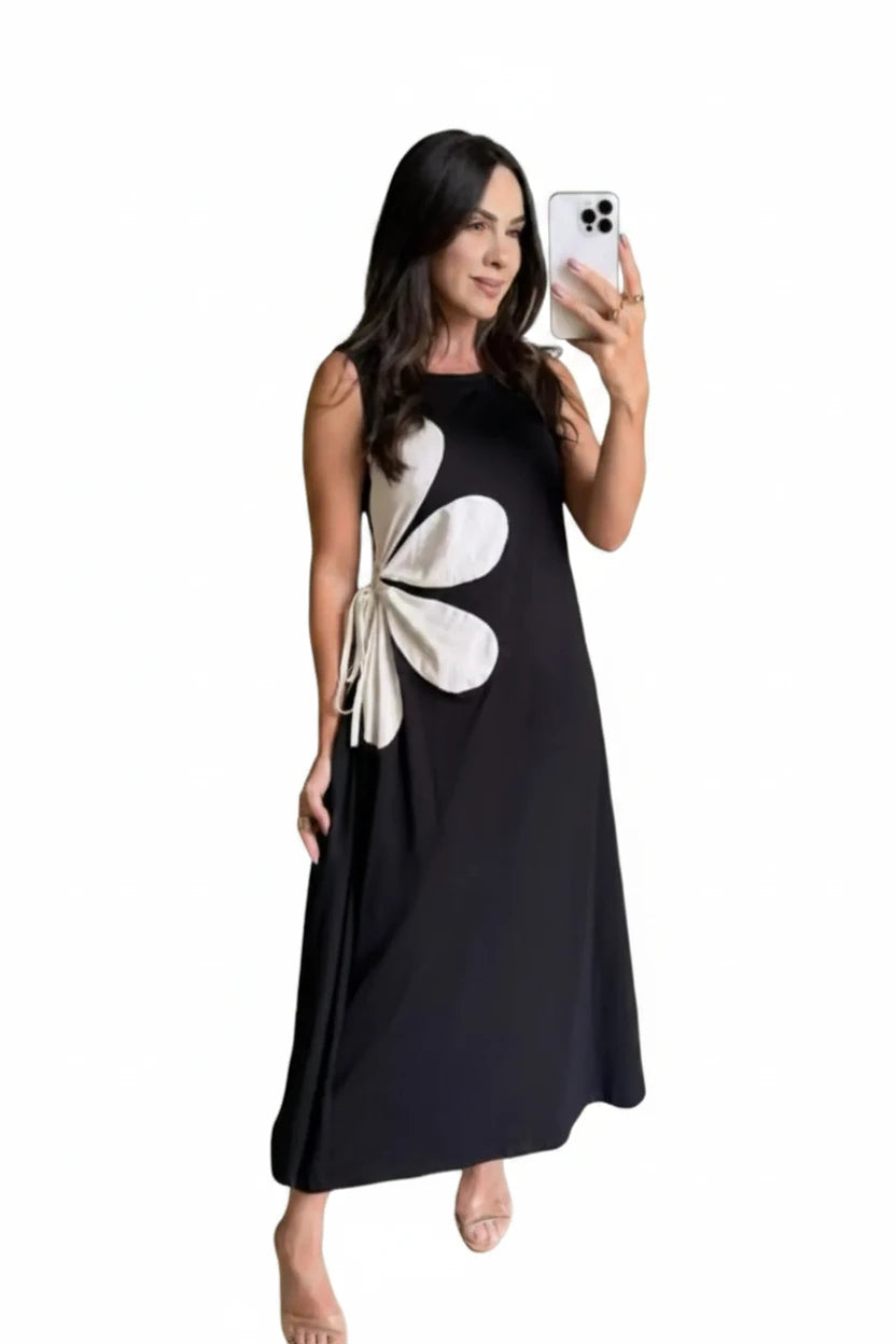 🍒Floral placement dress sleeveless summer fashion for women floral outfit printed waist hollow out maxi dress female casual wear holiday wear beach party clothing Sleeveless Back zipper vacation wear  Be A flower Girl On The Side