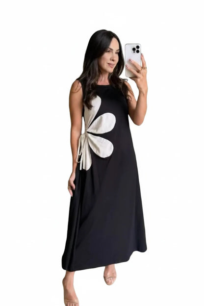 🍒Floral placement dress sleeveless summer fashion for women floral outfit printed waist hollow out maxi dress female casual wear holiday wear beach party clothing Sleeveless Back zipper vacation wear  Be A flower Girl On The Side